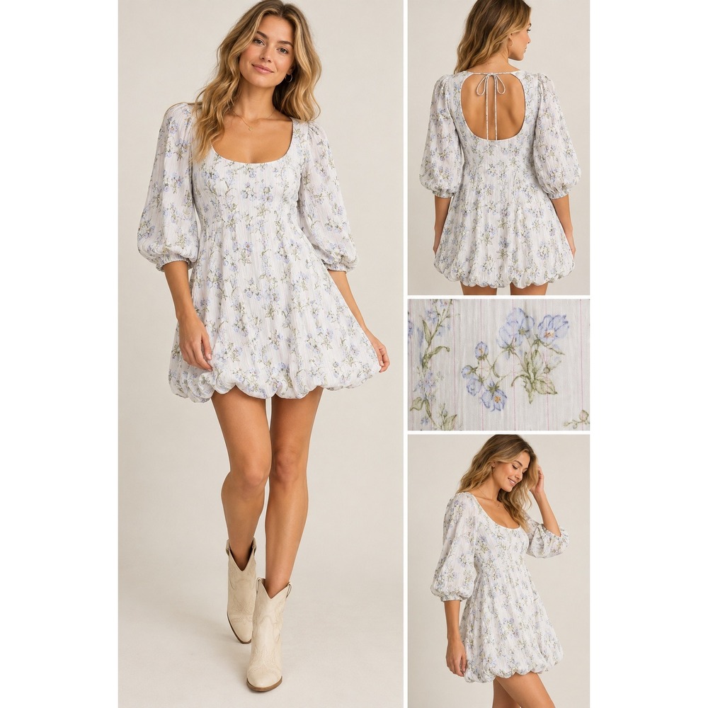 Brock Collection x H&M Floral Bubble-Hem Balloon Puff-Sleeve Mini Dress Cottage